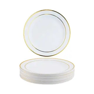 Matana 25 Premium Weiße Plastik Dessertteller, Kleine Partyteller Mit Goldrand, 19cm - Elegant, Stabil & Mehrweg - Hochzeiten, Geburtstage, Taufen,