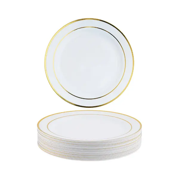Matana 25 Premium White Plastic Dessert Plates With Gold Rim (19cm / 7 Inch) – Elegant & Reusable Side Plates For Weddings, Birthdays, Picnic, Bbq, thumbnail