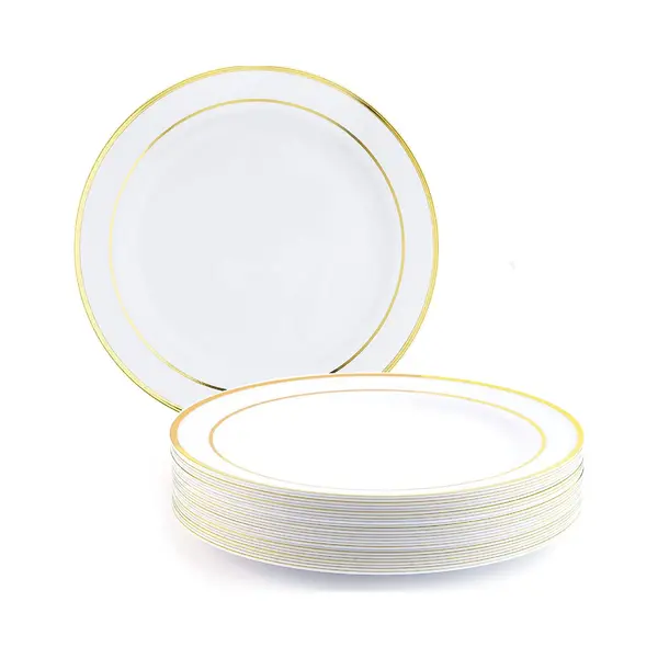 Matana 25 Premium Weiße Plastikteller Mit Goldrand, Mehrweg Kunststoffteller, 26cm - Partyteller Gold Für Hochzeiten, Geburtstage, Partys - thumbnail