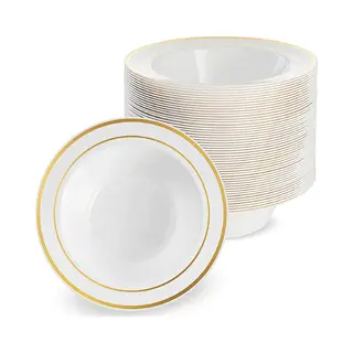 Matana 25 Premium White Plastic Bowls With Gold Rim, 360ml - Elegant, Sturdy & Reusable - Soup & Dessert Bowls For Weddings, Birthdays, Bbq, Buffets,