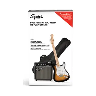 Squier By Fender Sonic Stratocaster Electric Guitar Pack, Maple Fingerboard, 2-Colour Sunburst, Gig Bag, Squier Frontman 10G Amp - 230V Eu, Inklusive