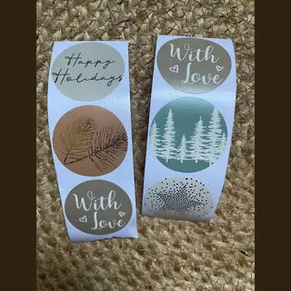 Prachtige Sluitzegel Kerst / Herfst / Winter Rustige Print - 5 Assorti - Beige / Zand - Stickers Christmas - With Love - Fijne Vakantie - Happy