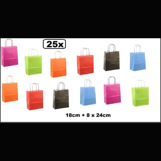 25x Koordtas Papier Mix Kleuren 18cmx8cmx24cm - Goodiebag|papieren|draagtas|tas|koord|festival|kado|themafeest|party|geschenken