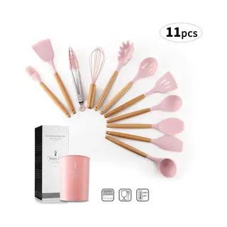 Kookgerei Set Met Houder 11-delig - Keukengerei Siliconen Set Roze Met Hout - Kitchenset - Keukengerei