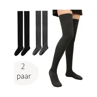 Overknee Kousen Dames - Set Van 2 Paar - Maat M/L - 100% Elastisch Katoen - Zwart - Antraciet - Wintersokken - Schoenmaat 36/39 - Lange Sokken - Over