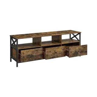 Industrieel Tv Meubel Met 3 Lades - 147 Cm Breed - Vintage Bruin & Zwart - Robuuste Tv Kast Voor 65 Inch Tv - Lowboard Met Open Vakken