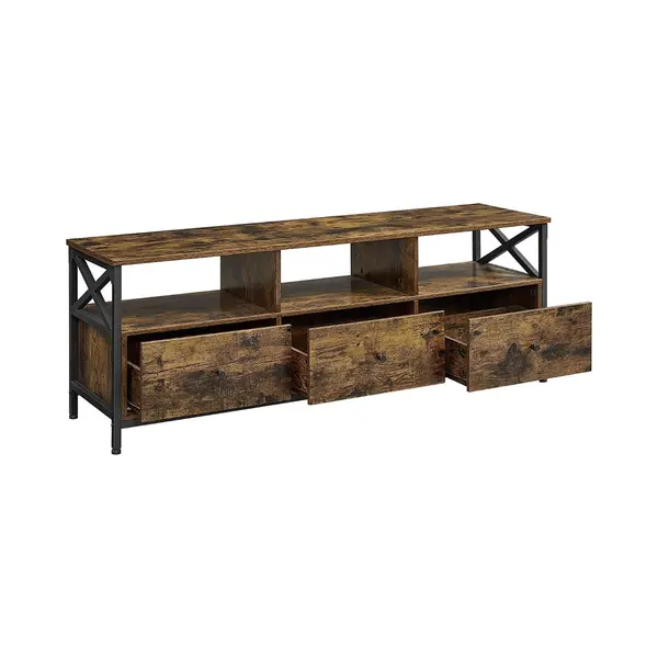 Industrieel Tv Meubel Met 3 Lades - 147 Cm Breed - Vintage Bruin & Zwart - Robuuste Tv Kast Voor 65 Inch Tv - Lowboard Met Open Vakken thumbnail