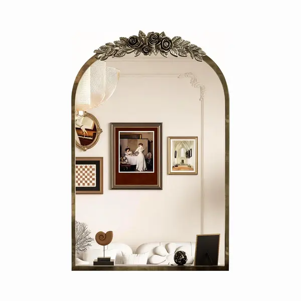 Artloge Barok Wandspiegel - Gebogen Antieke Spiegel - - Gesneden Ontwerp - 60.5x91.6cm - Messing Goud thumbnail