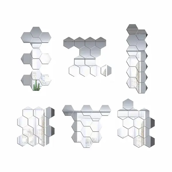 Plakspiegel - Hexagon Wandspiegel Klein - 12 Stuks - 8x4x7cm - Zilver - Zelfklevend - Decoratie - Klein Formaat thumbnail