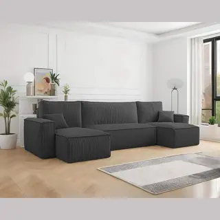 Beddenbriljant U-bank Frenkie - Ribstof - Antraciet - Slaapbank Met Opbergruimte - Lounge Links én Rechts - Direct Leverbaar - U-zetel - Chaise Longue - Zetel Met