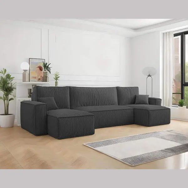 Beddenbriljant U-bank Frenkie - Ribstof - Antraciet - Slaapbank Met Opbergruimte - Lounge Links én Rechts - Direct Leverbaar - U-zetel - Chaise Longue - Zetel Met thumbnail