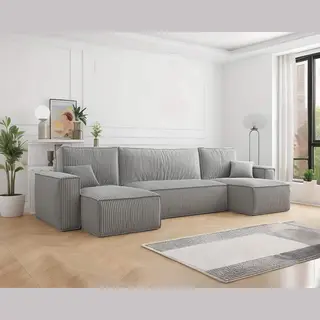 Beddenbriljant U-bank Frenkie - Ribstof - Grijs - Slaapbank Met Opbergruimte - Lounge Links én Rechts - Direct Leverbaar - U-zetel - Chaise Longue - Zetel Met