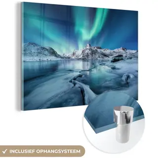 MuchoWow® Glasschilderij 60x40 Cm - Schilderij Acrylglas - Noorderlicht - Sneeuw - IJs - Noorwegen - Foto Op Glas - Schilderijen