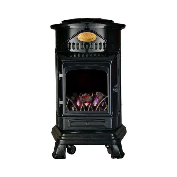 Provence Gaskachel Voor Binnen Voor Gasfles - Glanzend Zwart - Geen Schoorsteen Nodig Op Wielen thumbnail
