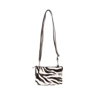 Arrigo Portemonnee Tasje Leer Donkerbruin Met Vacht Met Zebra Print – Mini Bag – Crossbody Tasje – Maat S