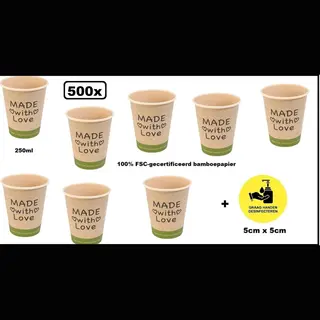 Thema party 500x Koffiebeker Made With Love Bamboe 180ml + Sticker Desinfecteren - Koffie Thee Chocomel Soep Drank Water Beker Karton