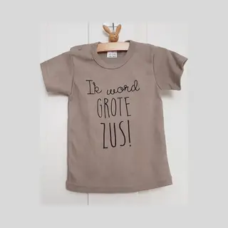 Shirt Ik Word Grote Zus | Korte Mouw | Beige Zwart | Maat 104 Zwangerschap Aankondiging Bekendmaking Baby Big Sis Sister