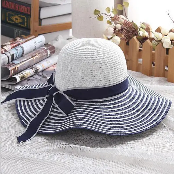 Rambux® - Zonnehoed Dames - Blauw-Wit - Rieten Strandhoed - Strohoed Uv Werend - Hoed Verstelbaar & Vouwbaar - 55-58 Cm thumbnail