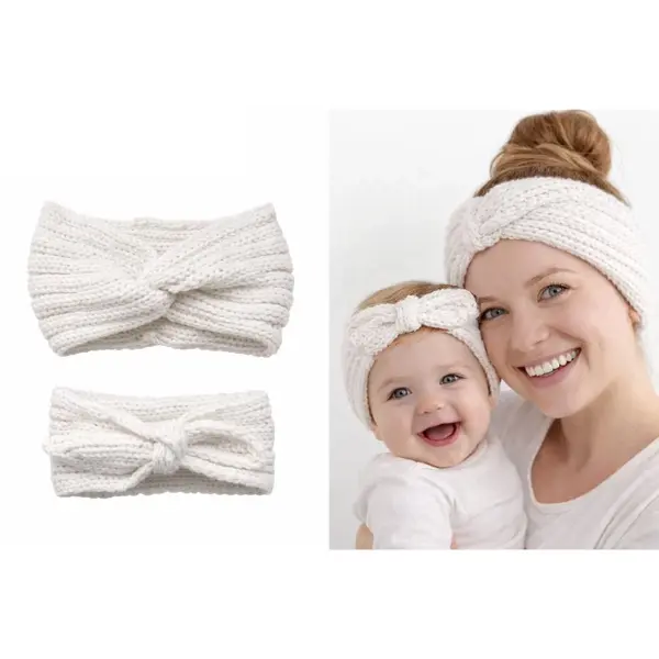 Mylinsé Matching Moeder & Dochter Winter Haarbanden/Oorwarmers – Crème Wit, Gebreid (3-18 Mnd) thumbnail