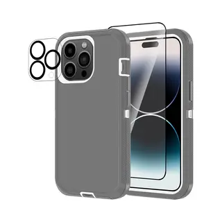 Stravo Heavy Duty IPhone 14 Pro Max Case Met Screen Protector En Lens Protector - Grijs - Uitverkoop - Dustproof Shockproof Telefoonhoes Cover