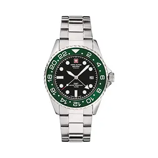 Swiss Alpine Military Herenhorloge Gmt Analoog Kwarts 7052 Roestvrij Staal, Staal/groen/zwart - 1133sam, Armband