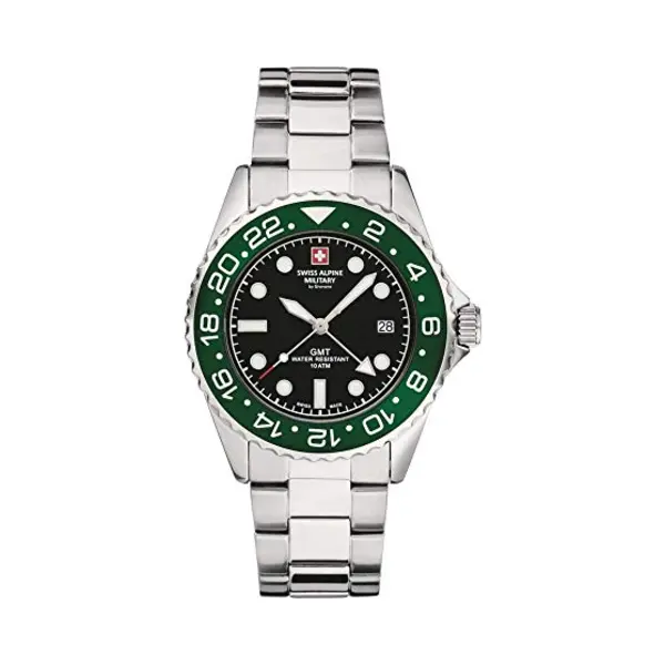 Swiss Alpine Military Herenhorloge Gmt Analoog Kwarts 7052 Roestvrij Staal, Staal/groen/zwart - 1133sam, Armband thumbnail