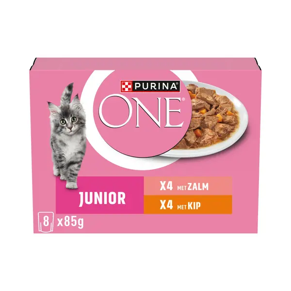 Purina One Junior Dispersions-Sauce, Verschiedene Geschmacksrichtungen, Lachs Und Huhn, Für Kätzchen, 8 X 85 G thumbnail
