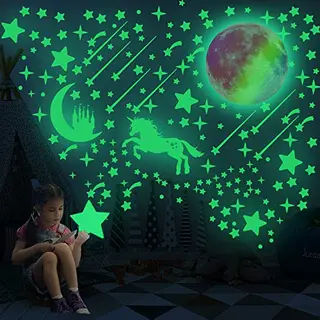 Sikamaru 297 Psc Glow In Dark Realistic Unicorn Wall Decals Luminous Moon And Star Stickers .Ceiling Decals Stickers Perfect For Girls, Boys Room Decorations