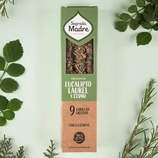 Sagrada Madre, Natural Ecological Incense Herbs, Eucalyptus - Laurel - Cedar, 9 Thick Sticks