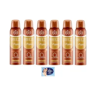 Felce Azzurra 6 X Breeze Deodorant-Spray Argan Vanille Und Sandelholz, Hinterlässt Keine Flecken Auf Der Haut, 0 % Aluminiumsalze, 150 Ml + 1 Packung Talkum Felce