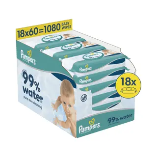 Pampers 99% Water Baby Wipes Plastic Free, 18 Packs Of 60 Wipes = 1080 Baby Wet Wipes, Light Lotion With 99% Water