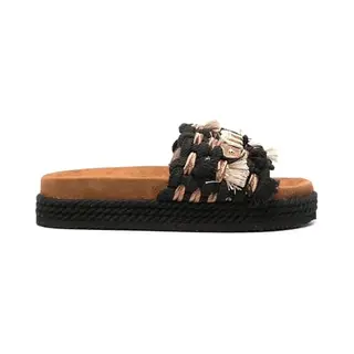 Mou Platte Sandalen Met Vetersluiting, Gevlochten Decoratie In Zwart En Goud, Bruine Suède Zool, Zwart., 37 Eu