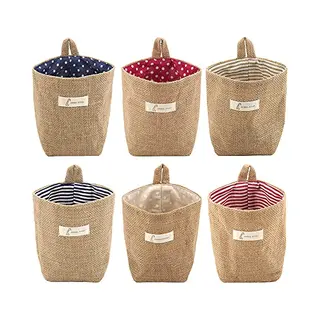 Lifreer Storage Baskets, 6 Pcs Cotton Linen Foldable Small Baskets With Handle Storage Boxes For Toy Makeup Key Small Stuff