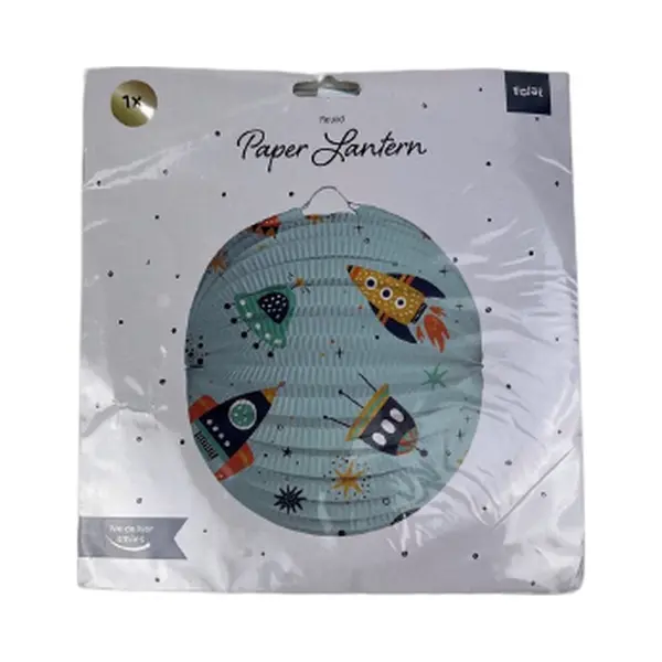 Feest Papieren Lantaarn Rond Met Raket Print - Lichtblauw / Multicolor - Papier / Metaal - ⌀ 22 Cm - Lampion - Lamp - Lampionenneoptocht - Lantaarn thumbnail