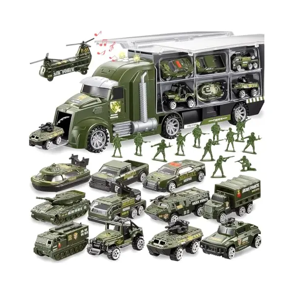 Joyin 25-in-1 Militaire Vrachtwagen Spuitgieten Legervoertuig Met Kleine Soldaten, Met Lichten En Geluiden, Verjaardagscadeau Voor Jongens 3+ (groen) thumbnail