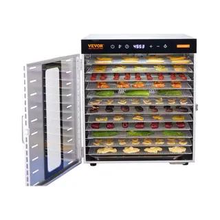 Vevor 1000 W Dehydrator Roestvrij Staal, 300 X 280 Mm 10 Stuks Dienbladen 360° Droog, Dehydrator, 30-90℃ Temperatuurregeling, 0, 5 Tot 48 Uur