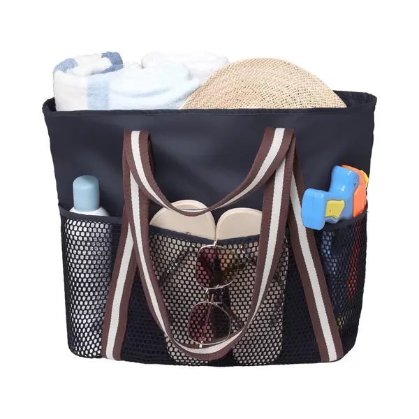 Strandtas, Grote Waterdichte, Zandbestendige Opvouwbare Tas Voor Dames Met Ritsvakjes Van Mesh Voor Dagelijks Gebruik Bij Het Zwembad - Zwart Wit thumbnail