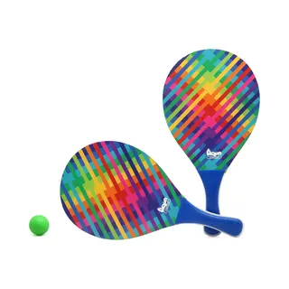 Atosa Beachball Set Stripes - Hout - Blauw Mix - Strand Tennis Speelset - Kinderen/volwassenen