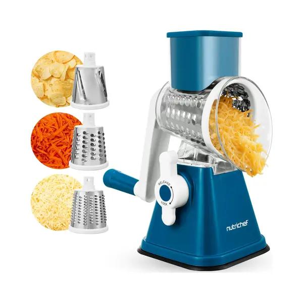 NutriChef Kaasrasp – 3-in-1 Groentesnijder – 3 Trommelmessen – Handbediend Met Veiligheidsvergrendeling En Sterke Zuigvoet - Blauw thumbnail