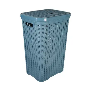 Hega Hogar Wasmand Met Deksel Rotan - Denim Blauw - Gevlochten Kunststof - 60 Liter - 34 X 43 X 62 Cm