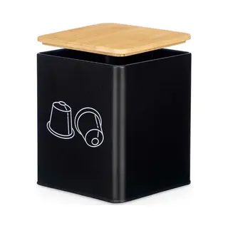 Kinvara Koffie Cups/capsules Houder - Metaal - 14 X 14 X 16 Cm - Voor 50 Capsules - Zwart - Bamboe Deksel