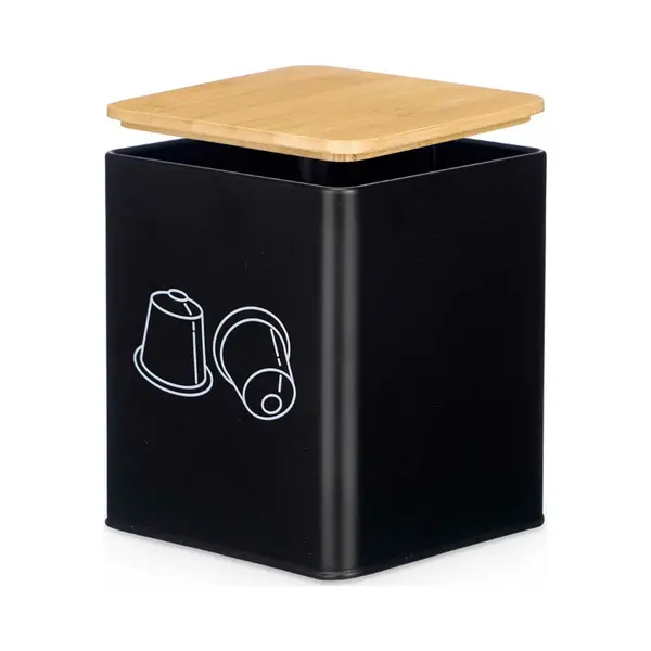 Kinvara Koffie Cups/capsules Houder - Metaal - 14 X 14 X 16 Cm - Voor 50 Capsules - Zwart - Bamboe Deksel thumbnail