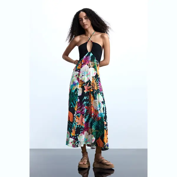 Desigual, Lange Tropische Jurk, Dames, Viscose, Zwart, M thumbnail