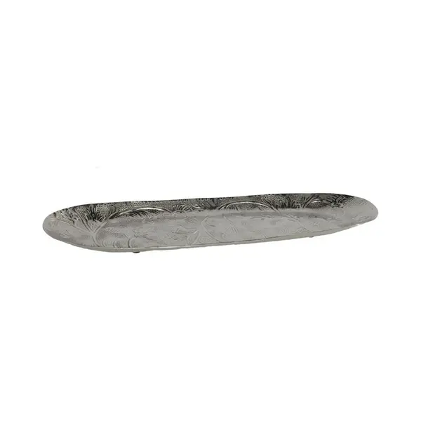 Kaarsen Plateau Met Rand En Reliefwerk - Ovaal/bladvorm - Metaal - Zilver - 49 X 16 Cm thumbnail