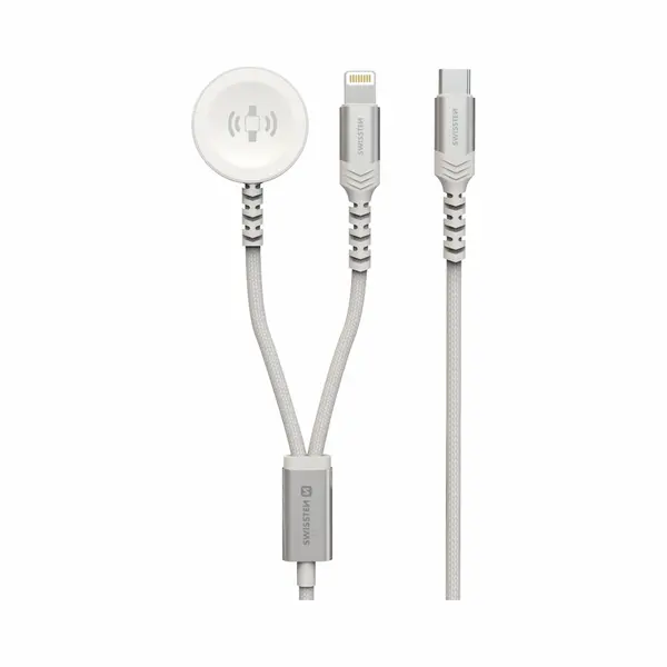 Swissten Draadloze 2 In 1 Magnetische Oplader - Geschikt Voor Apple Watch En IPhone - Lightning - 1.2M - Wit thumbnail