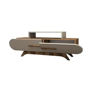 Tv Meubel - Stijlvol Gebroken Wit & Walnoot - Ruimtebesparend 145x49, 8x36, 8cm - Duurzaam Melamine