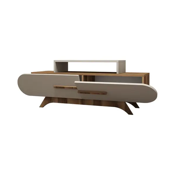 Tv Meubel - Stijlvol Gebroken Wit & Walnoot - Ruimtebesparend 145x49, 8x36, 8cm - Duurzaam Melamine thumbnail