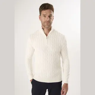 Felix Hardy Kabelgebreide Trui Met Halve Rits - 100% Katoen Heren Ecru - 2Xl