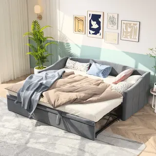 BursDany Slaapbank Uitschuifbaar 90/180x200 Cm Met Lattenbodem, Bedbank Van Fluweelstof Met Slaapfunctie, Slaapbank Logeerbed Jeugd, Zonder Matras, Grijs