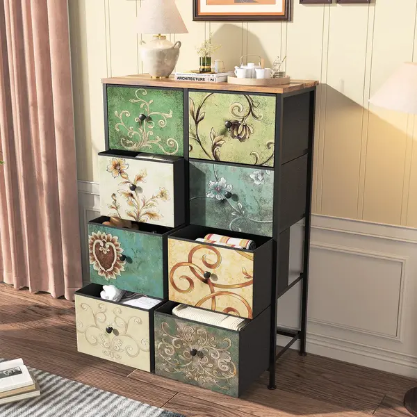BursDany Commode Met 8 Lade, Sideboard Lade Kast Commode, Smalle Stoffcommode Voor Woonkamer Slaapkamer Hal 67.5x30x100 Cm thumbnail